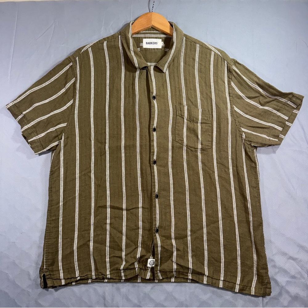 Barkers Shirt Mens XL Green Striped Linen Cotton Short Sleeve Button Up Casual